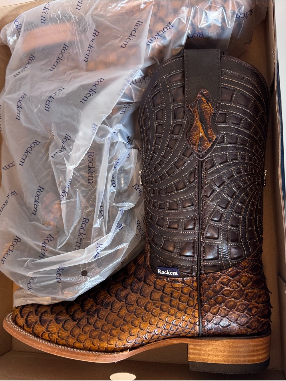 Men’s 9 Rockem Honey Python Square Toe Boots